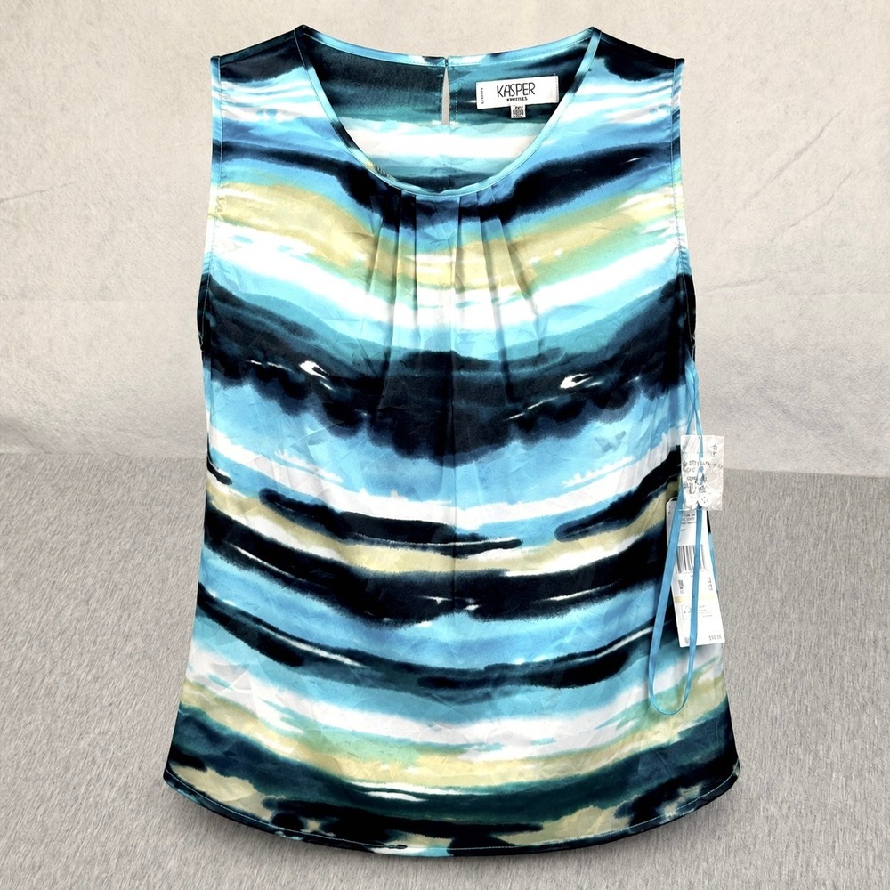 Kasper Woman 2X Sleeveless Pleated Neck Blouse Teal Navy Desert Abstract NWT